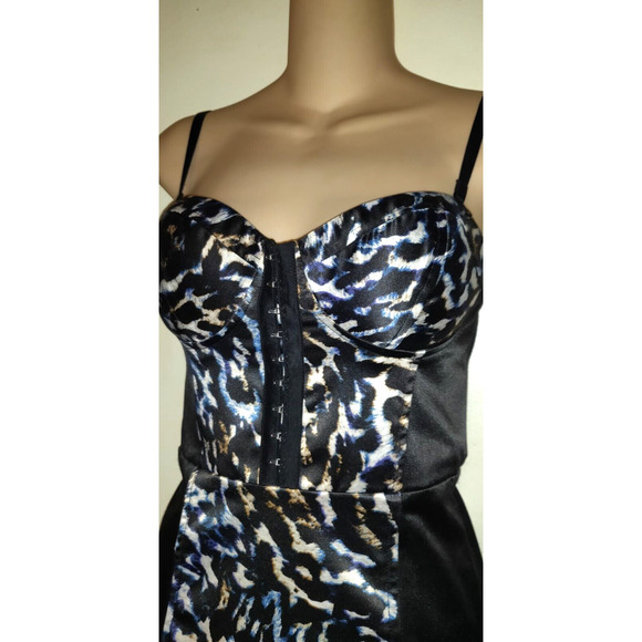 Guess Corset Dress Sz 2 Black Blue Bodycon Bustier Coquette Animal Print Stretch - Picture 4 of 16